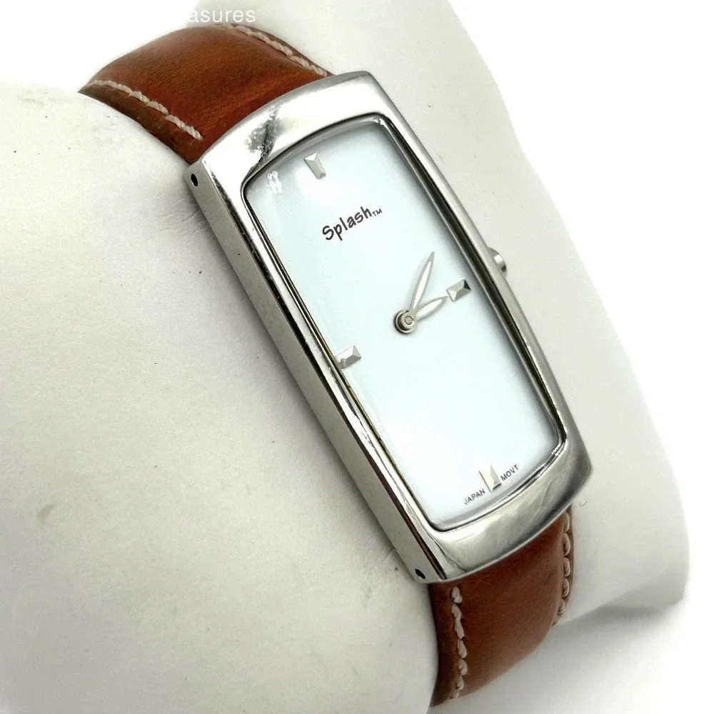 Vintage Y2K Splash Women's Watch Silver Rectangular Minimalist Cognac Leather